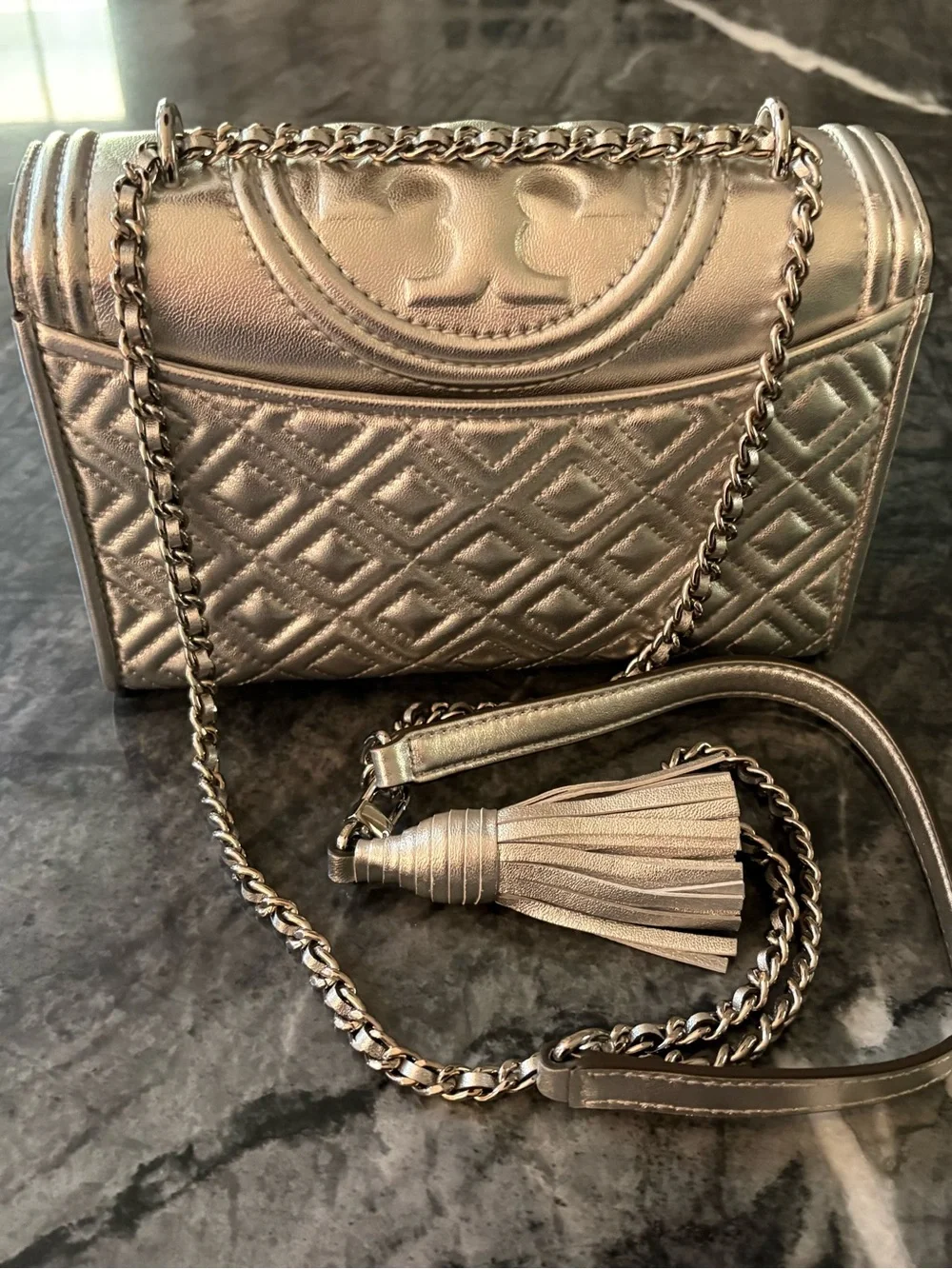 Tory Burch Silver Quilted Shoulder/Crossbody Leather bag with Chain Strap